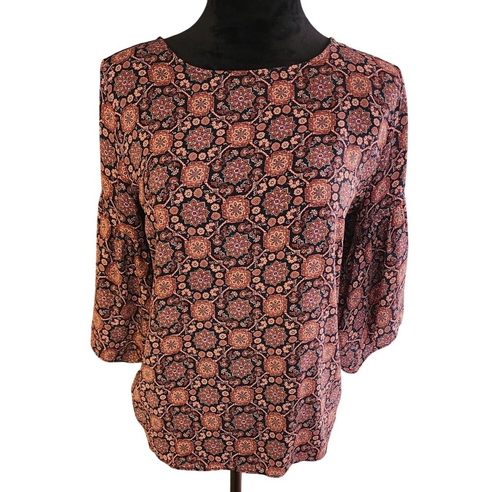 Loft‎ Outlet Blouse Womens size PM Floral Print 3/4 Bell Sleeve Top Boho Petite